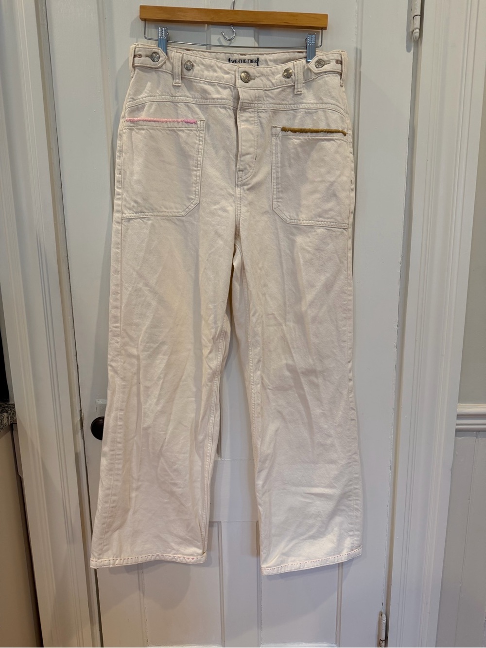 We The Free Cream Wide-Leg Jeans with Pink & Gold Pocket Trim